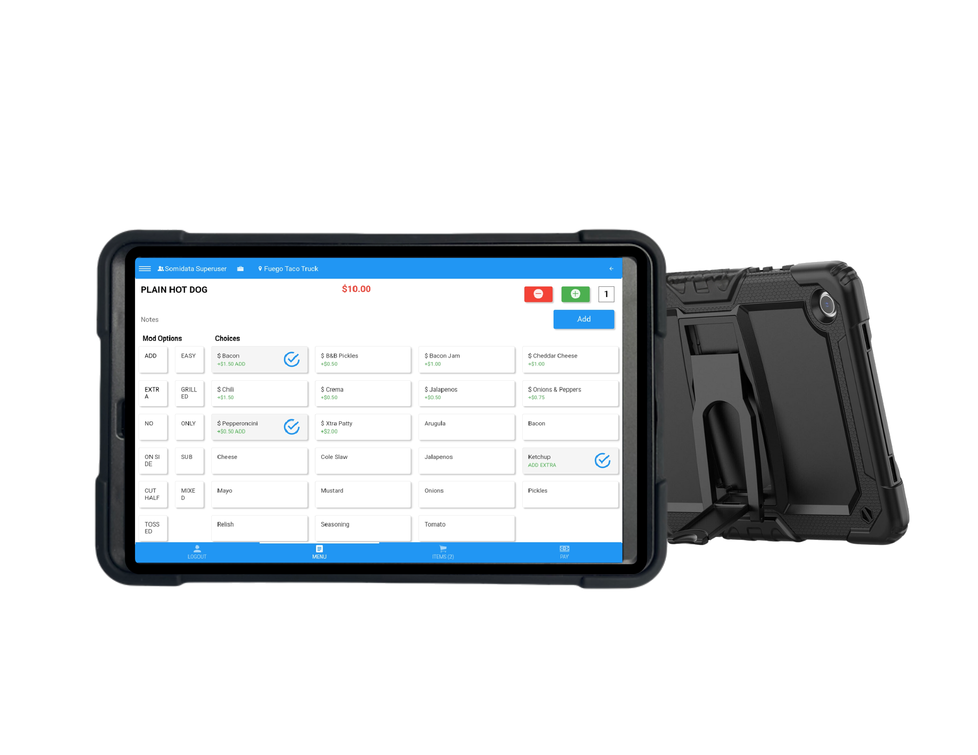 FuegoPOS order screen running on a rugged, drop-proof tablet