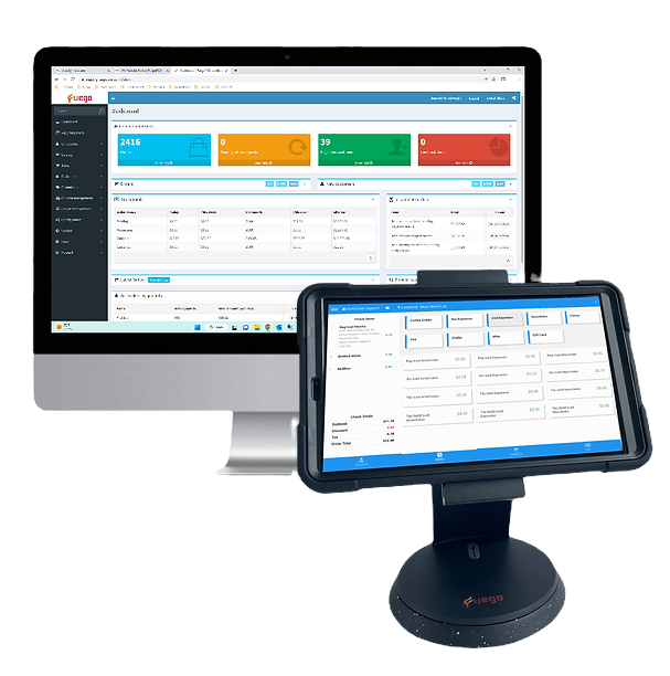 FuegoPOS reporting dashboard and order screen